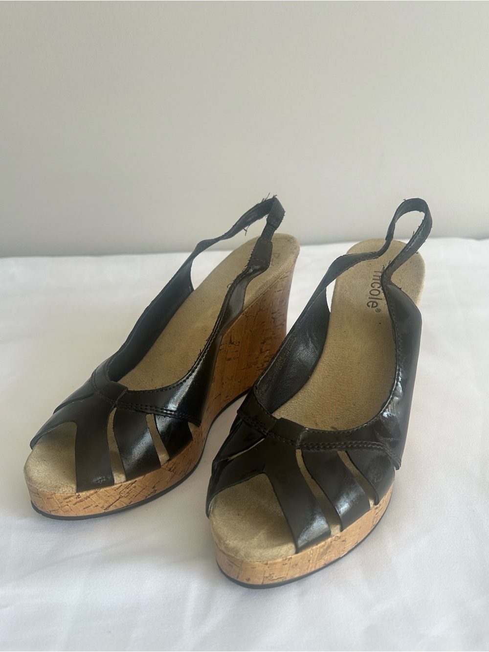 Nicole Black brown Leather Cork Wedge Slingback Sandals